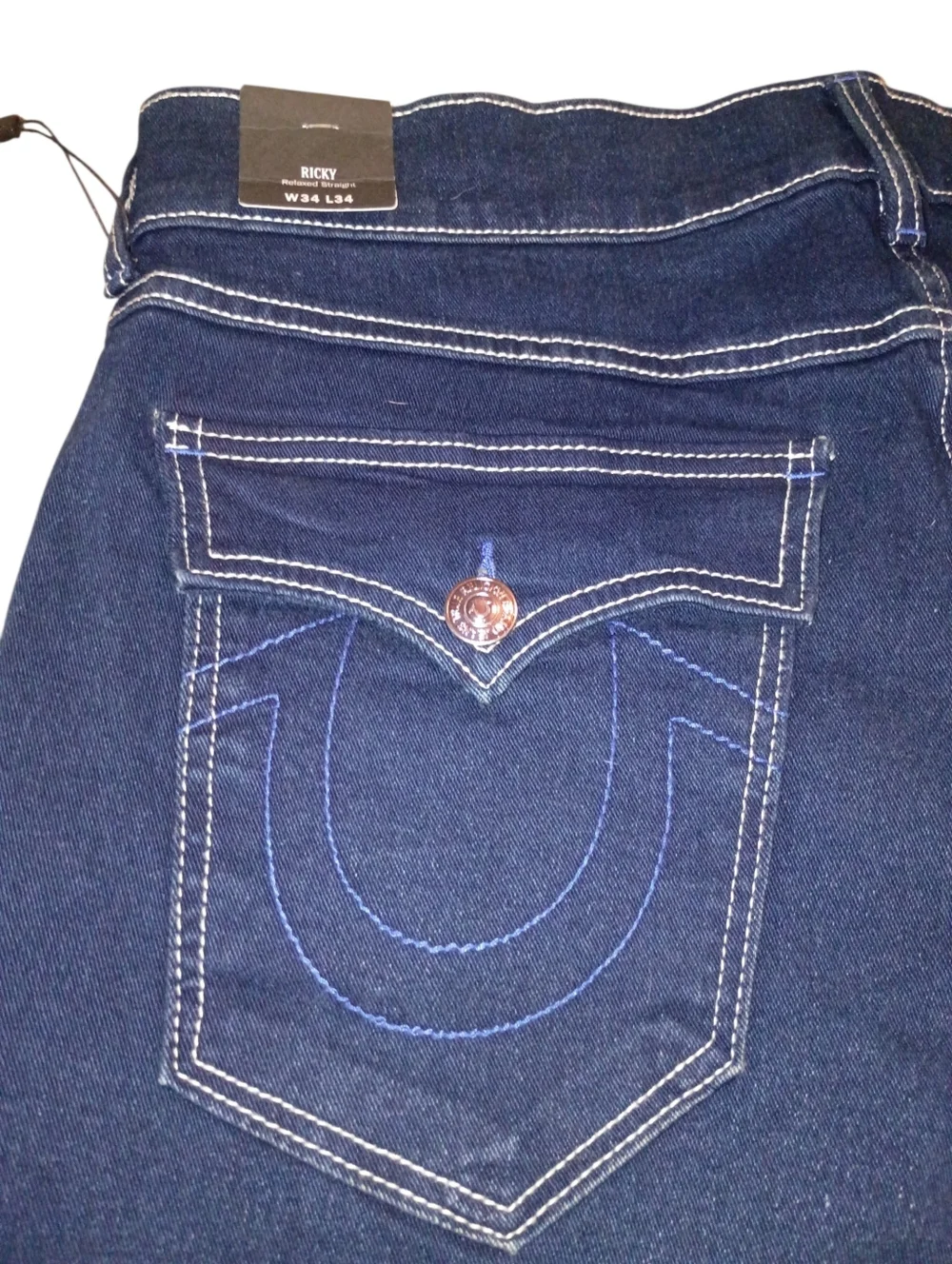 True Religion Ricky SN Relaxed Straight Blue Jeans Mens 34X33.5 Flap Pockets NWT